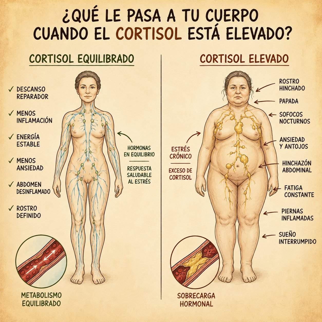 Cuerpo con cortisol en equilibrio vs cortisol alto